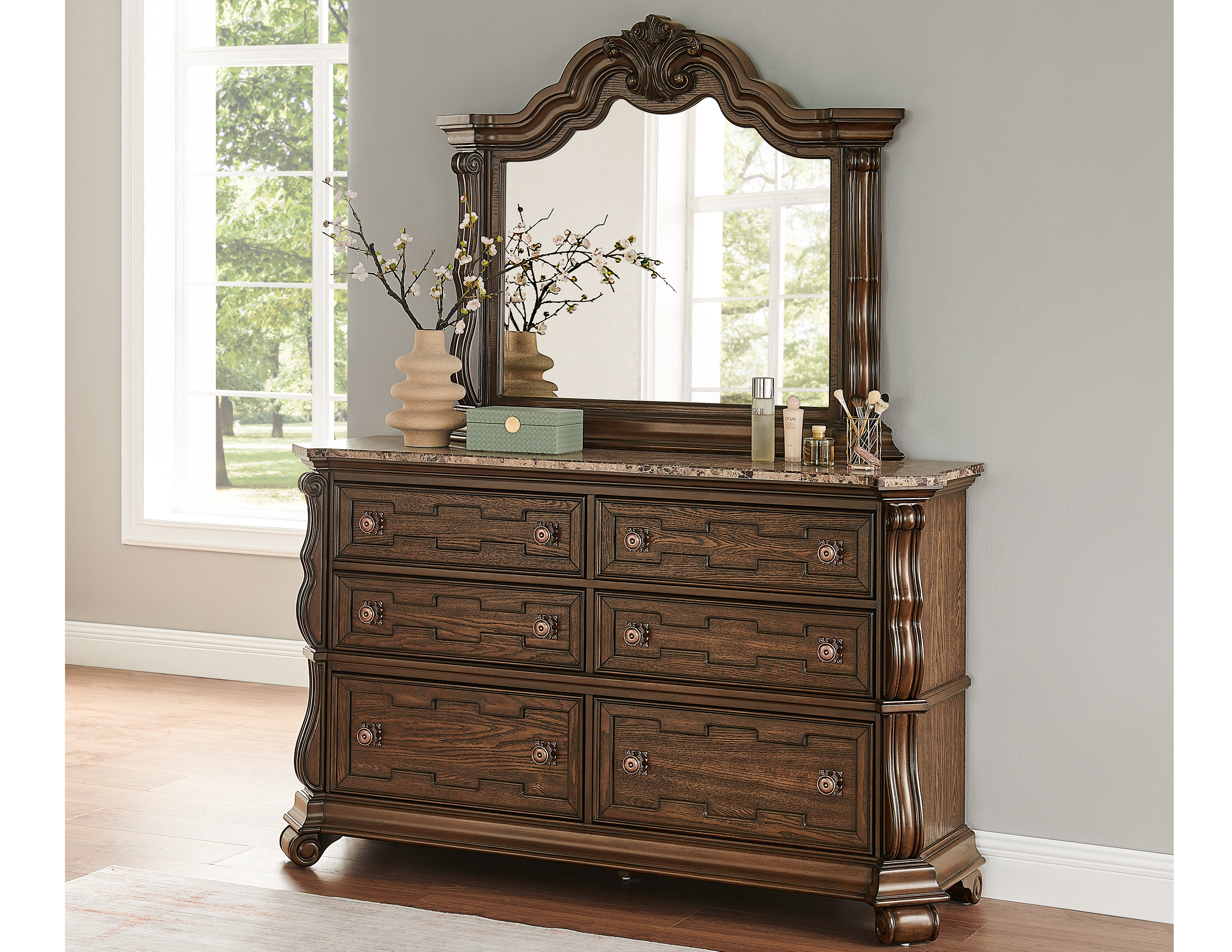 Orren Ellis Müller Dark Cherry 6 Drawer Dresser And Mirror Set